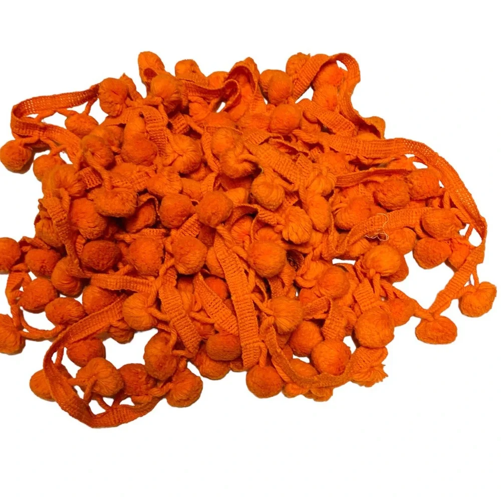 Vtg MCM Retro Color Bright Orange Tassel Pom Pom Crochet Trim Edging 6+ Yards